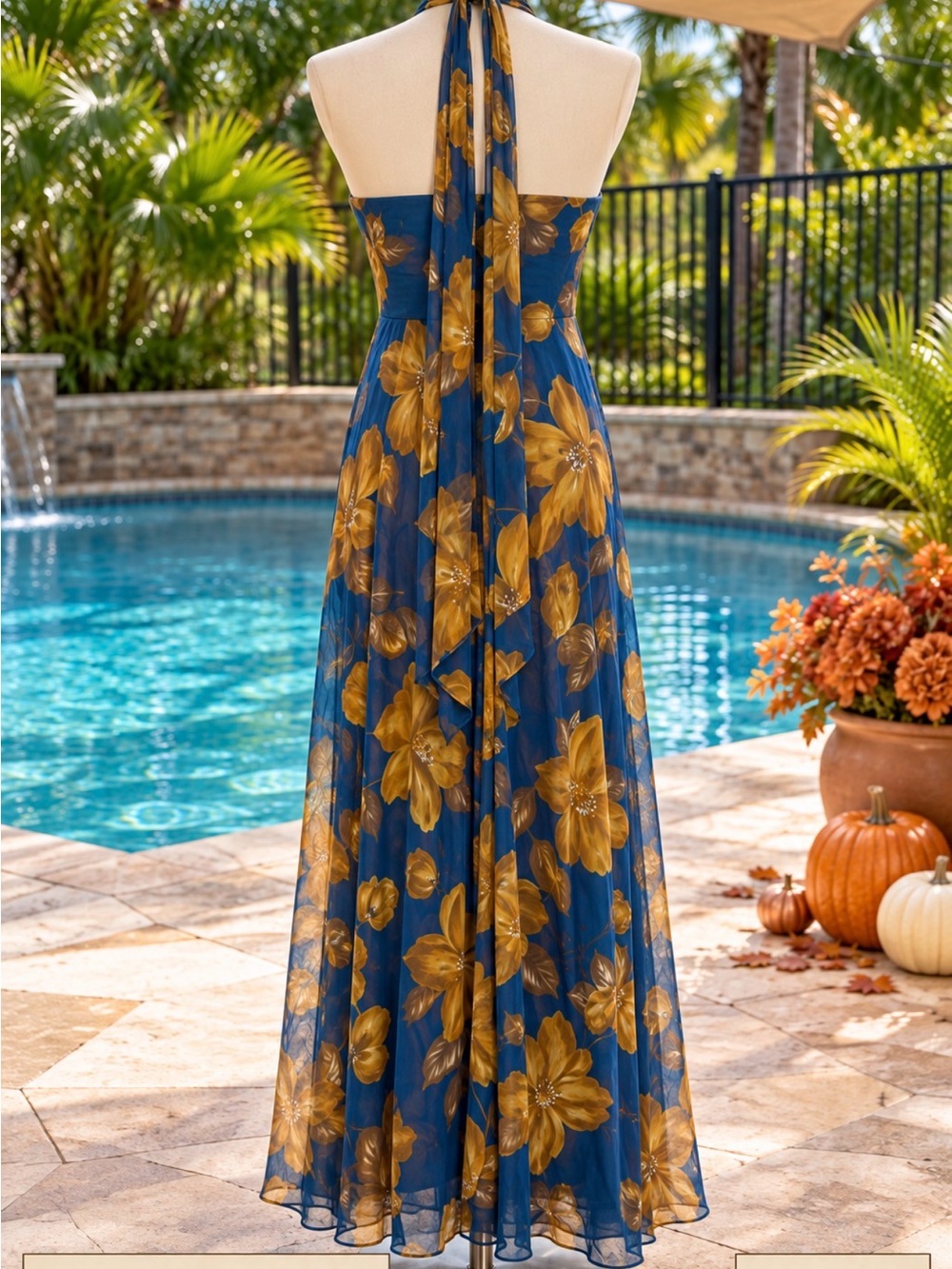 blue and yellow floral print halter maxi dress by Donna Ricco with a beaded neck - Picture 2 of 3